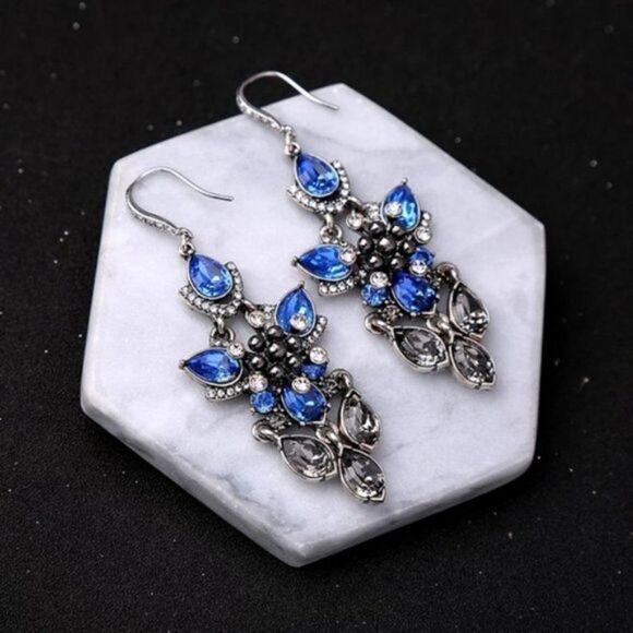 Blue Crystal Flower Silver Vintage Hook Dangle Statement Earrings - Picture 9 of 10